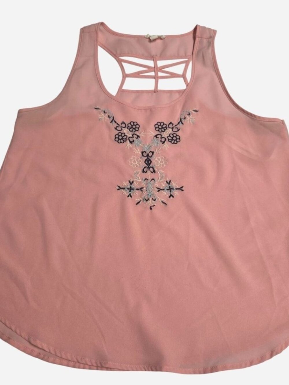 Mine Pink SZ L Embroidered Semi Sheer Scoop Neck Sleeveless Tank Top Y2k